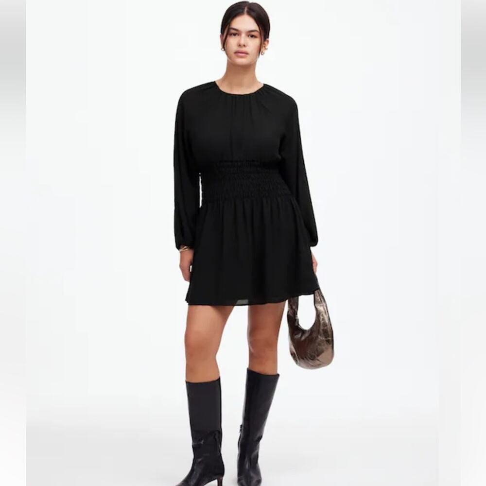 Madewell Bubble-Sleeve Smocked Mini Dress Black Size Small